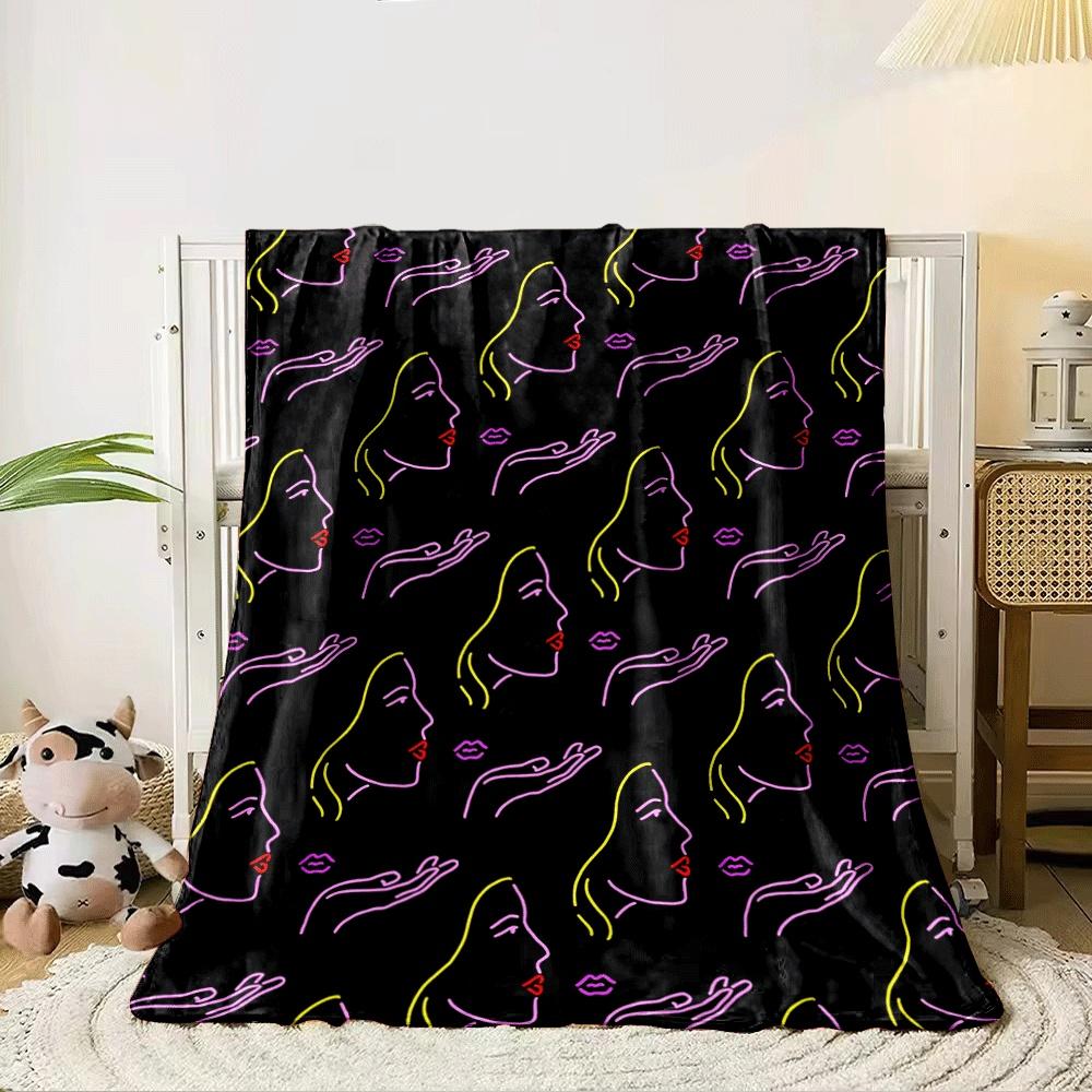 Neon-style pattern of faces blowing kisses, hands, and lips on black. for all seasons blanket lunch break throw gift 80cm x 120cm