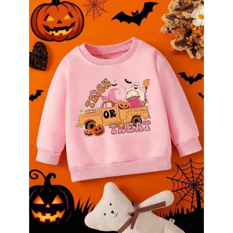 European Sizes Halloween Crewneck Sweatshirt for Kids, Featuring a Vintage Truck Print with a Witch Hat, Jack-o'-lantern, and a Holding a Broom