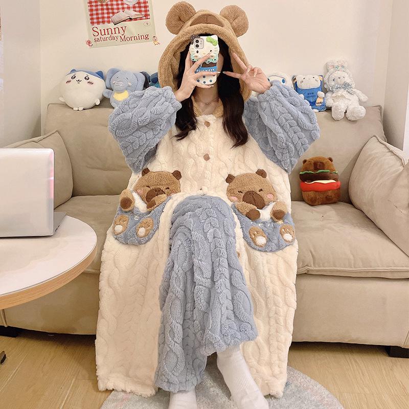 Women's Winter Plus Velvet Coral Fleece Nightgown - Cute Thick Flannel Home Wear