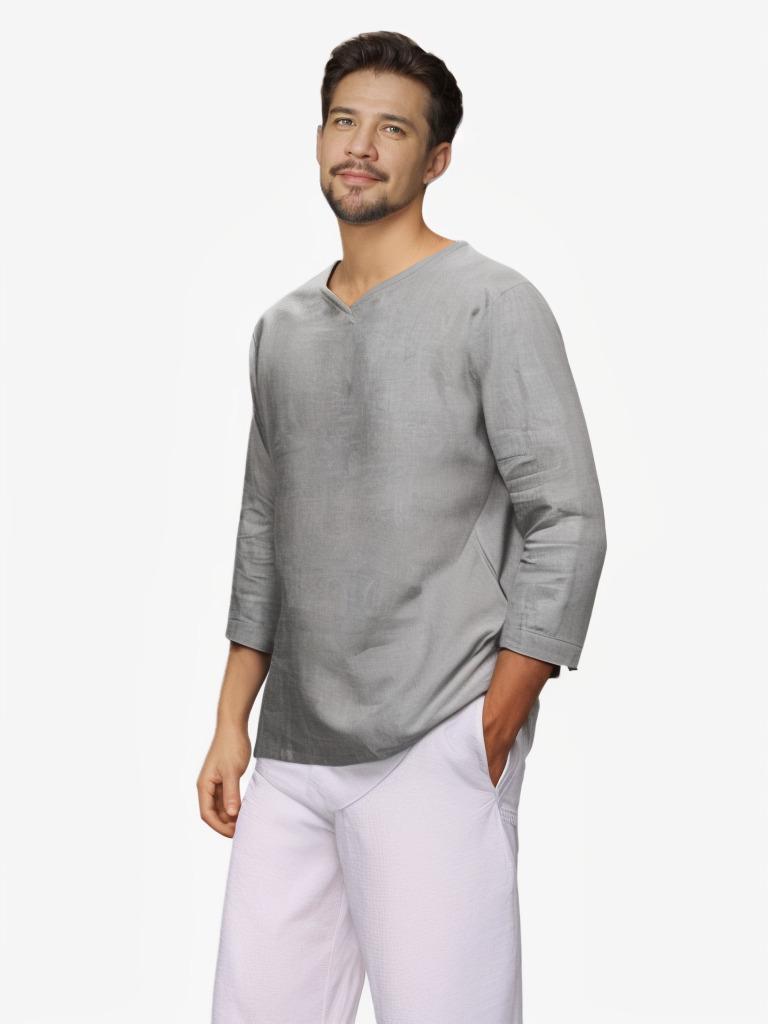 Men's V-Neck Long-Sleeve Cotton Linen Shirt - Anti-Theft Policy Applied