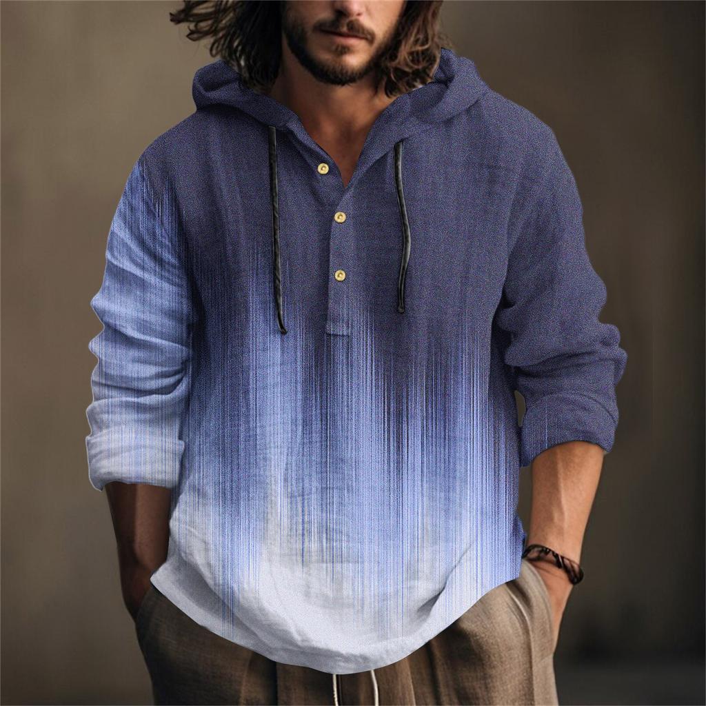 Printed Men's Cotton And Linen Shirt Hooded Long-sleeved Hooded Spring And Summer Casual Daily Wear