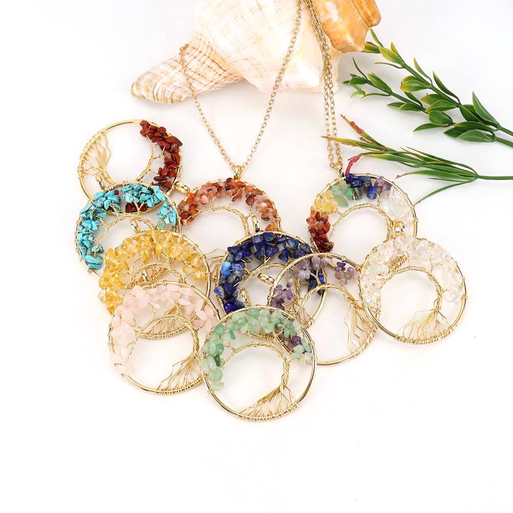 Gold Wire-Wrapped Tree of Life Necklace with Natural Crystal Crushed Stone