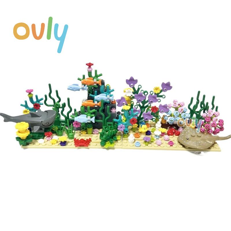 Ovly DIY Kreative Unterwasser Welt Abenteuer Hai Teufel Fisch Ozeane Tier Pflanze Aquarium Display Kleine Partikel Bausteine Set für MOC
