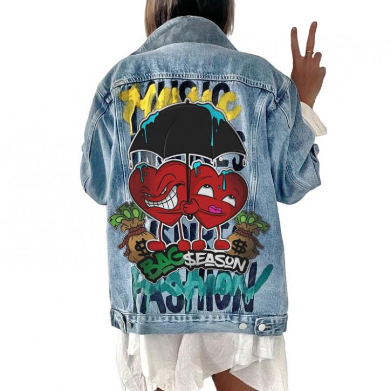 2618 Cartoon Graffiti Denim Jacket Womens Fall Winter Baseball Coat Streetwear