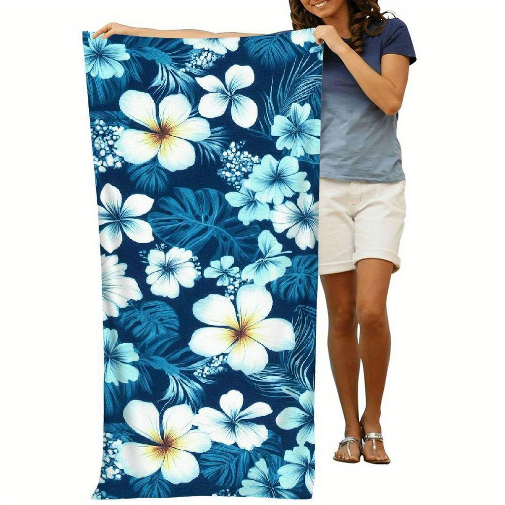 Blue Plumeria Beach Towel, Tropical Plumeria & Monstera Leaf Print Oversized Bath Towel, Soft Quick Dry Summer Beach Blanket