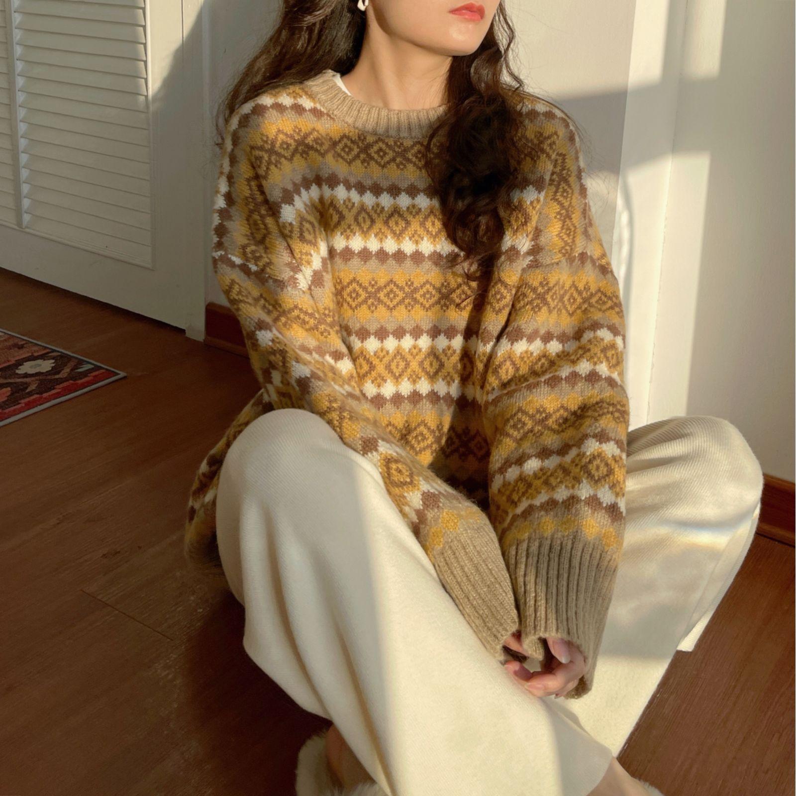 

Уникальный дизайн Женский осенне-зимний жаккардовый пуловер свитер Свободный с длинным рукавом Ленивый стиль Вязаный топ Базовый слой XL