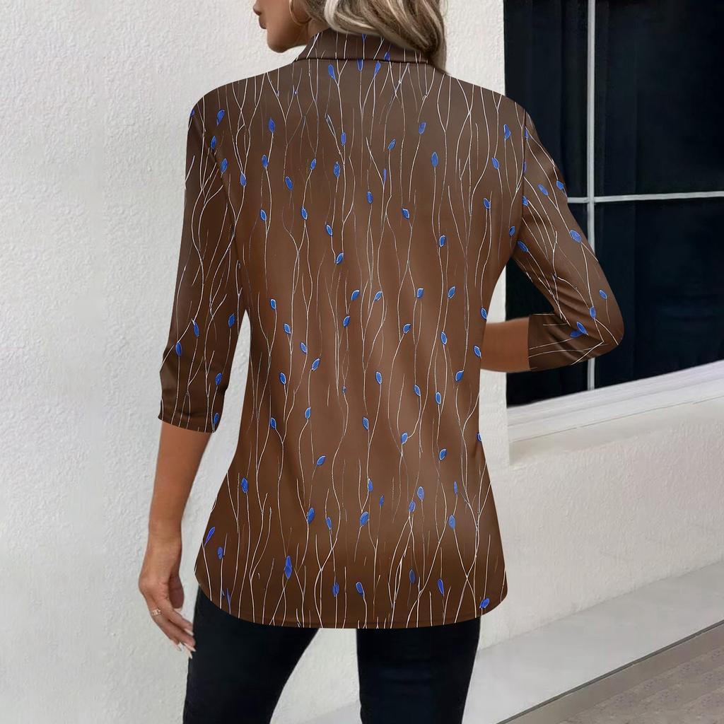 Women's Fashion Casual Lapel Short 3/4 Sleeve Print Shirt Women's V-Neck Button Tops