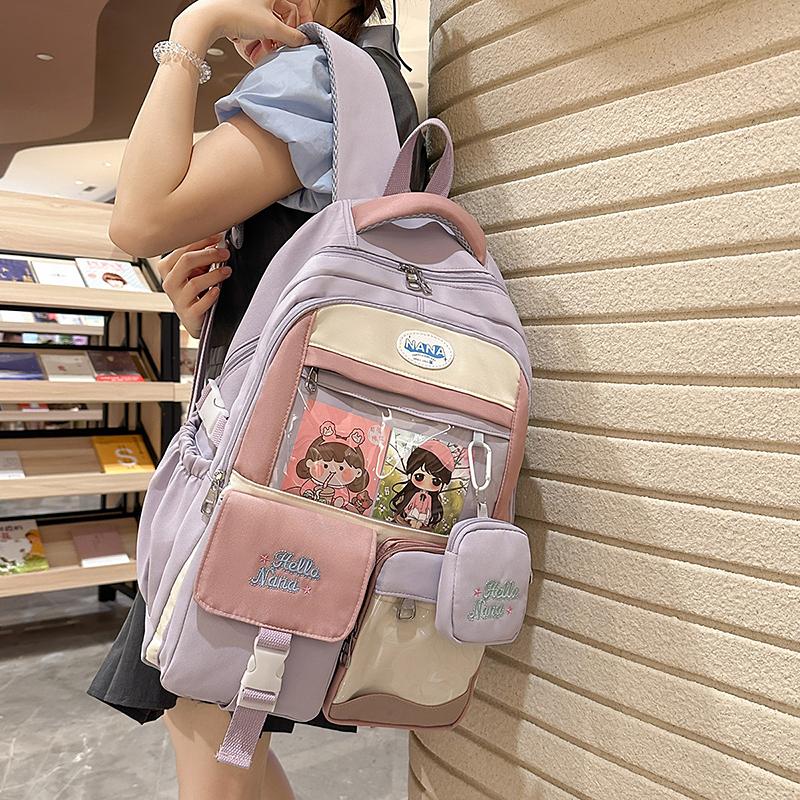 Studenten Farbblock Schultasche Mädchen Rucksack mit großer Kapazität mit Geldbörse