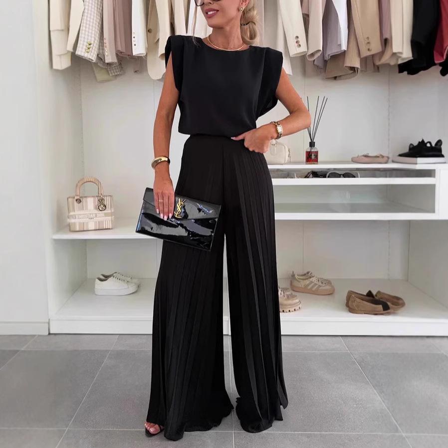 Women's Cross-Border 2025 Fashion: Sleeveless Round Neck Top & Pleated Wide-Leg Pants Two-Piece Set