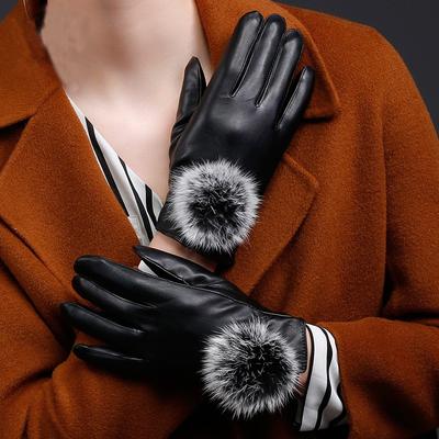 Fleece Warm Riding PU Gloves for Women's Winter Leather Gloves Real Rabbit Hair Ball Cute Korean Version Winter PU Rabbit Hair Ball