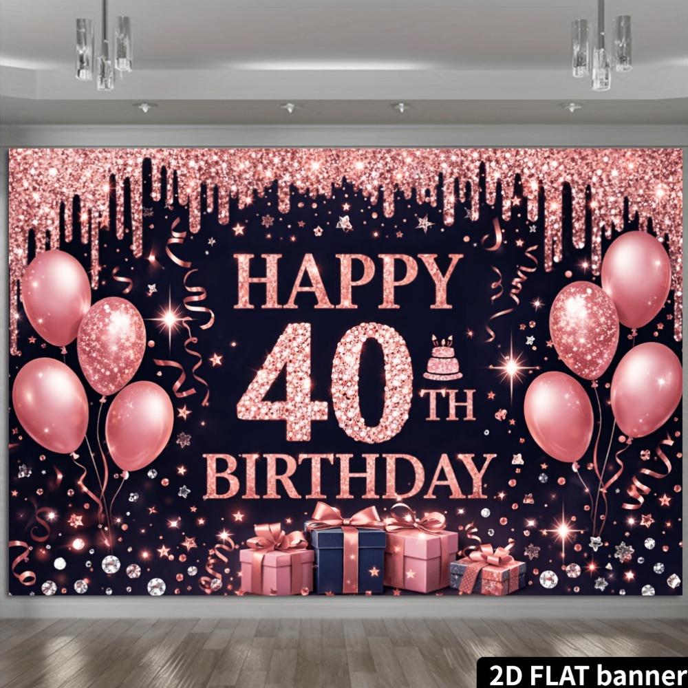 2D Flaches Banner - Hintergrundstoff für die 40. Geburtstagsparty - Schwarzer Hintergrund mit rosa-goldenem Glitzer und goldenem Glanz-Thema
