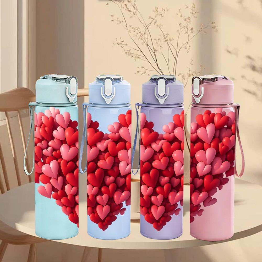1PC Red Rose Heart Shape Print 750ml Color Plastic Sports Water Bottle Leakproof Flip Straw Lid Suitable for Sports Office Home Use
