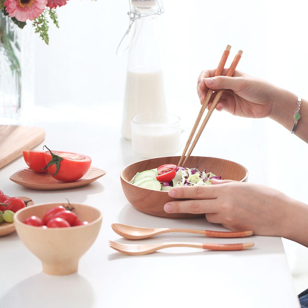 Multiple Sizes Eating Utensil Smooth Natural Beech Wood Salad Bowl Round Kitchen Tableware Household Fruit Bowl for Food Noodle