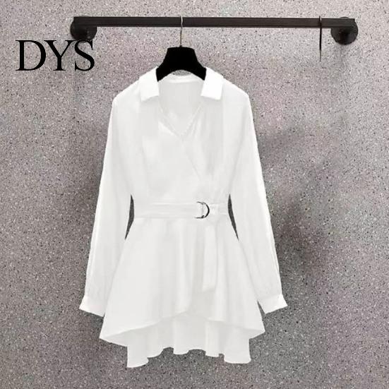 Tunic Shirt Lapel V Neck Long Sleeves Irregular Hem Plus Size Women Waist Tight Adjustable Belt Pullover Top Female Clothing