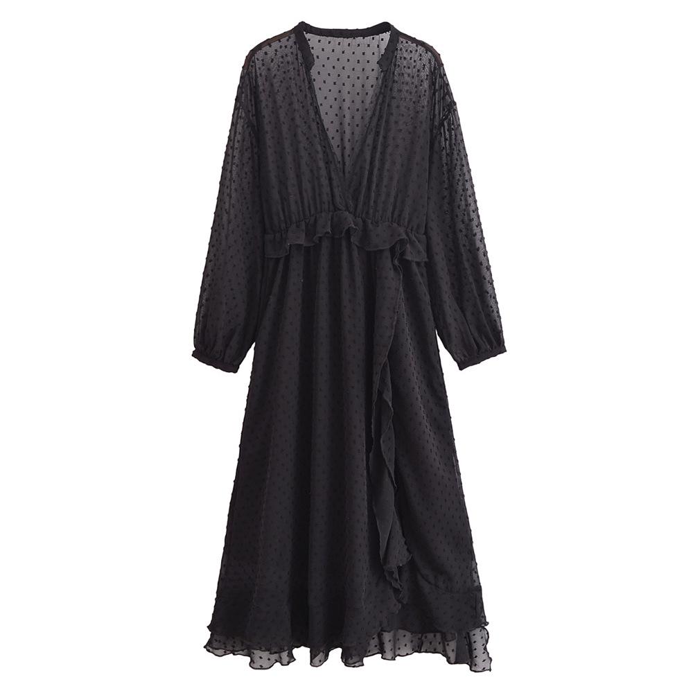 

2025 Spring Women s Polka Dot V-Neck Long-Sleeve Semi-Transparent Tulle Dress Small