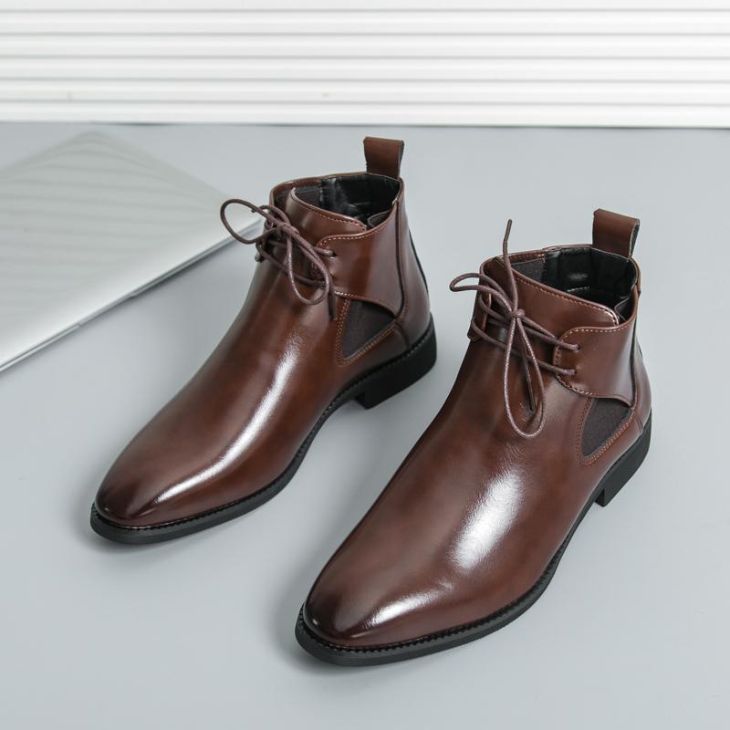 Fashion Fashionable Men's Comfortable Lace Up Polished High Top Leather Shoes Autumn Men's Pointed Business Breathable New Knight Boots