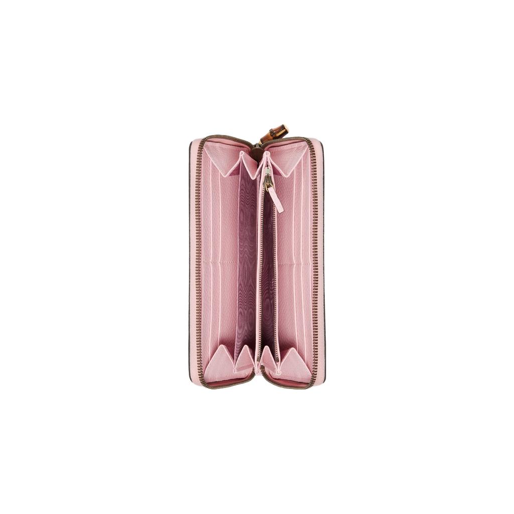 Gucci GG Marmont Pink Grained Leather Zip Around Long Wallet With Bamboo Pull For Women Luxury Daily Use
