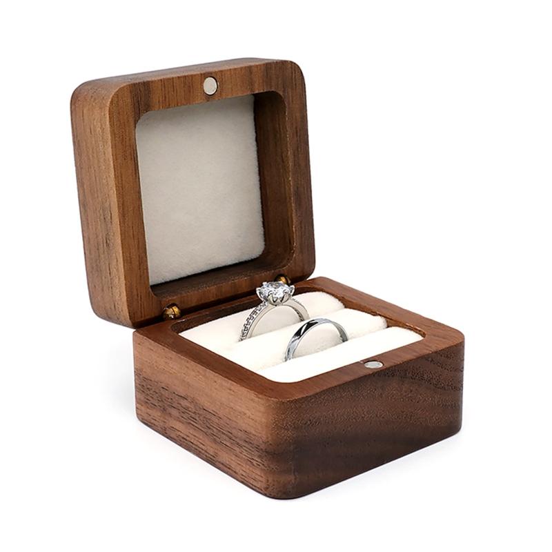 Multifunctional Small Jewelry Box Square Shape Organizer Mini Wooden Ring Box Soft Interior Holder for Proposal Wedding