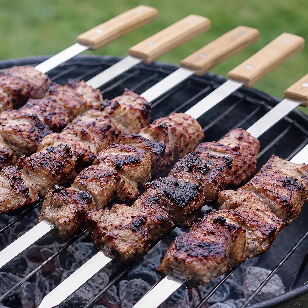 IMEEA Stainless Steel BBQ with Wooden Flat Long for and Outdoor with Storage Skewers, 10-Piece Set, 60cm, Handles, Design, Skewers, BBQ, Camping,