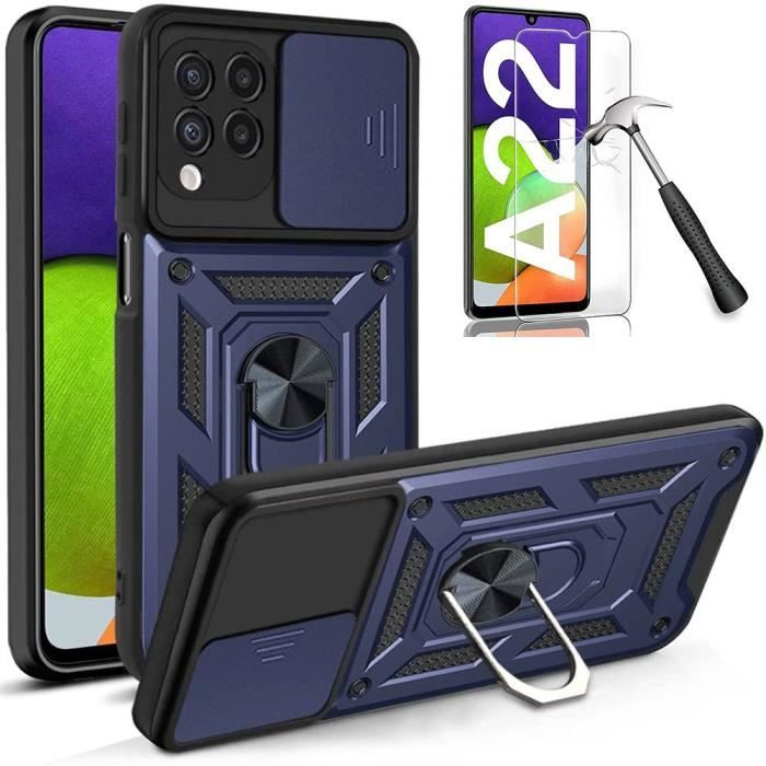 Pack de Protection - Samsung - A22 4G - Coque Rigide - 2 Verres Trempés - Bleu Marine Armée