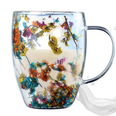 Kaffeetasse, verbrühungssichere Teetasse mit ergonomischem Griff, Kaffeetasse, getrocknete Blumen, doppelschichtige Wärmedämmung, Glasmilchflaschen
