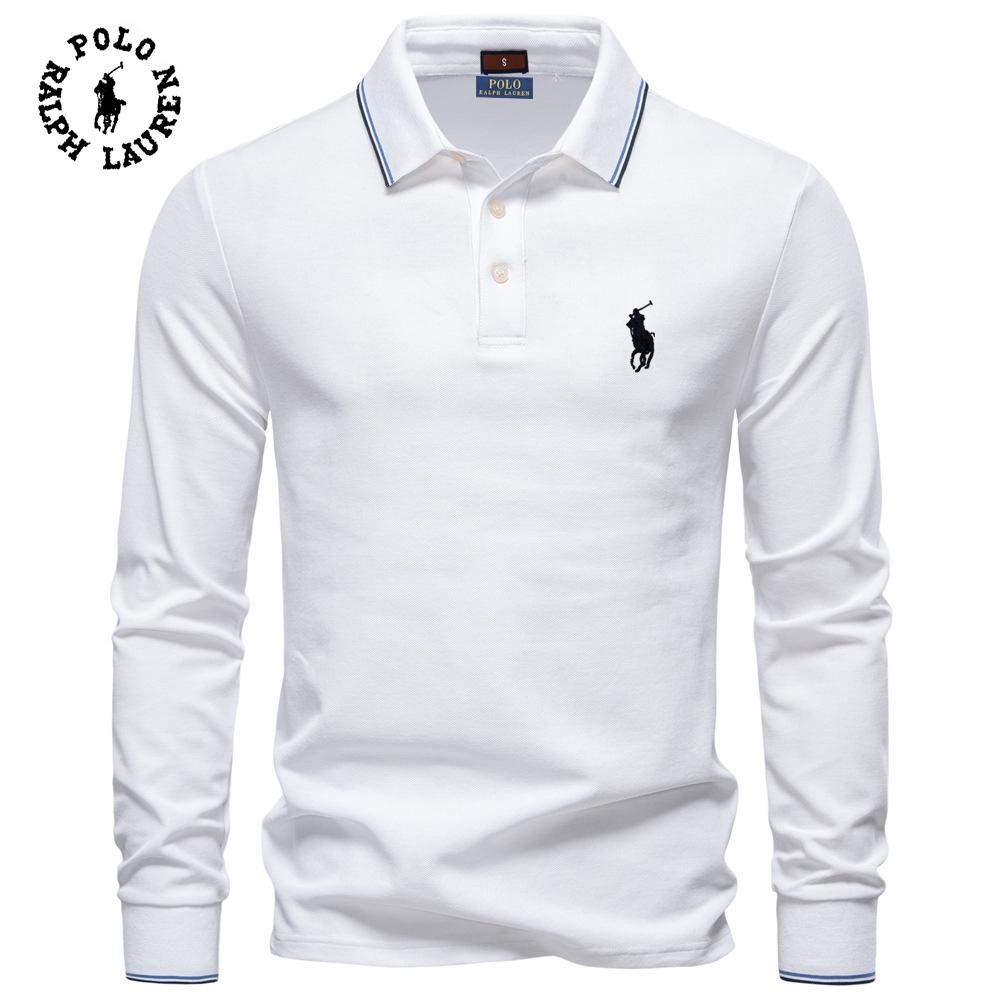 Polo Ralph Lauren 2025 Podzimní Nové Výšivky Pánské Polo tričko s dlouhým rukávem, Jednobarevný Pánský top s klopou, Všestranné Polo tričko pro muže