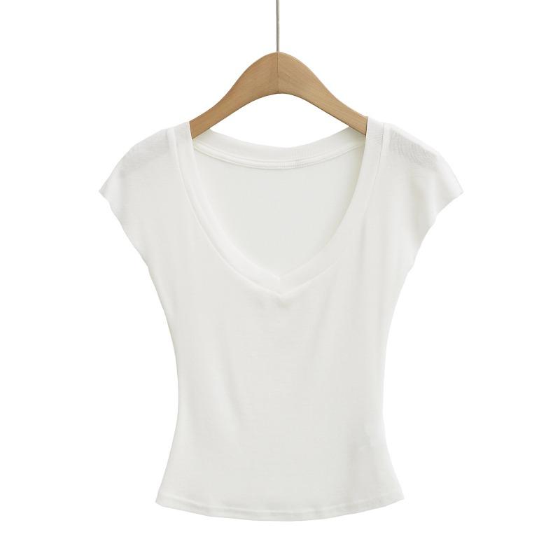 Summer new Spice Girl thin micro-transparent V-neck tencel short-sleeved top women's short slim-fitting waist T-shirt bottoming shirt