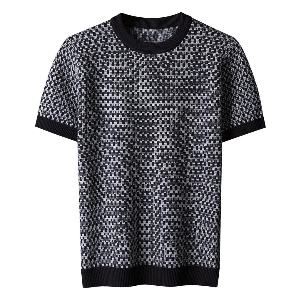 Men's Short Sleeve Jacquard Sweater: Autumn/Winter Round Neck Light Luxury Knit Undershirt