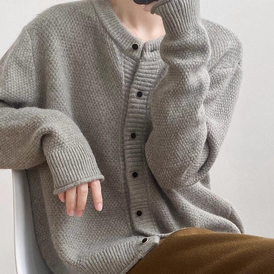 Lazy Style Round-neck Yellow Sweater Jacket for Women Spring and Autumn Knitted Cardigan Loose Solid Color Long-sleeved Casual Sweater Cardigan