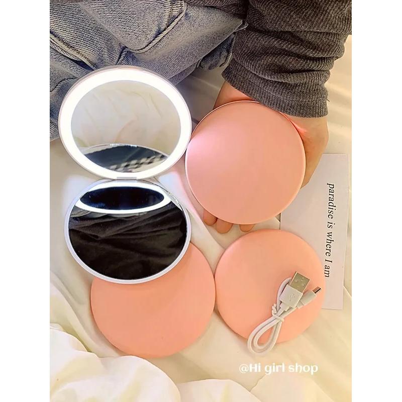 LED Foldable Makeup Mirror, Women Mini Mirror, Small Pocket Mirror, Pink And White Luminous Effect
