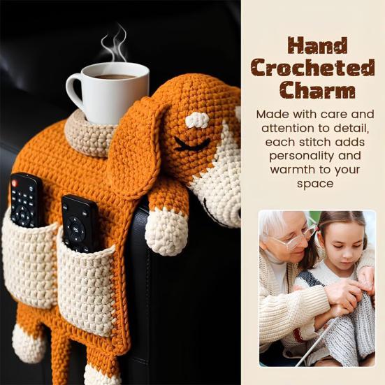 Dog Sofa Arm Organizer Crochet Dog Sofa Armrest Organizer with 2 Pockets And 1 Mug