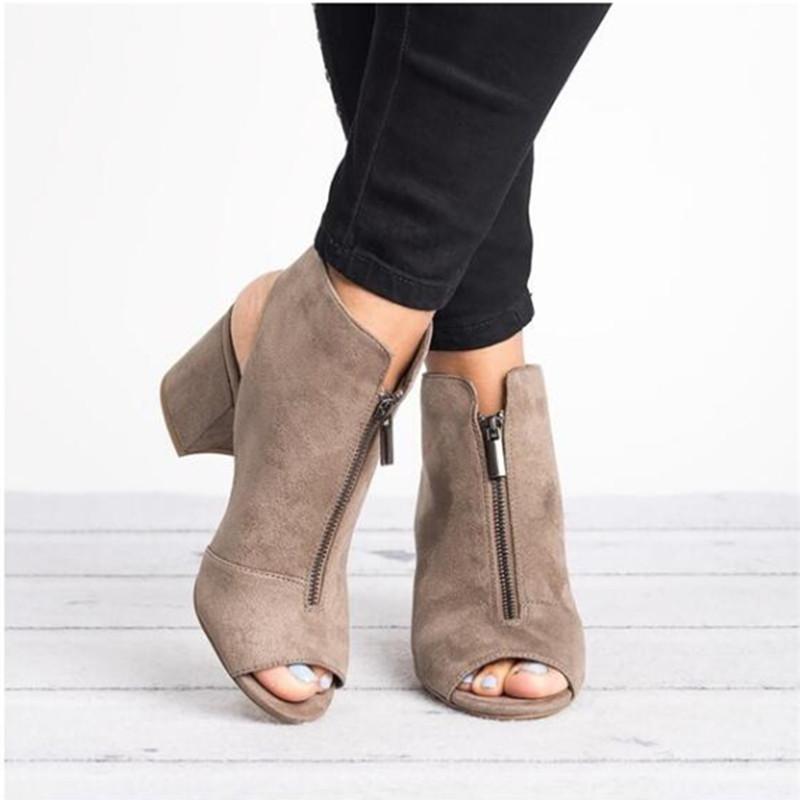 Summer 2021 Plus Size Chunky Heel Peep Toe Zipper Solid Color Fashion Shoes