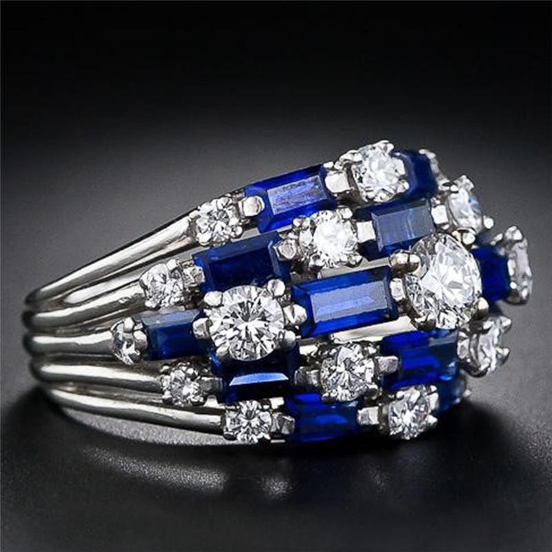 925 Sterling Silver Trendy Ring for Women Blue/White CZ Full Bling Iced Out Female Wide Rings Party Statement JewelryGood product
