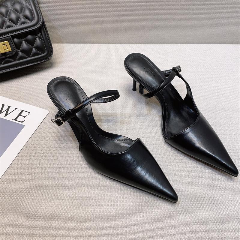2025 Spring New French High Heels Women's Design Sense Niche Temperament Muse Fan Thin Heel Pointed Head Bag Head Sandals
