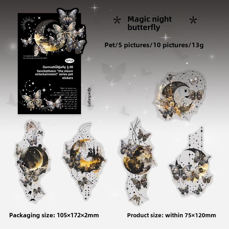 Journamm 10 PCS PET Stickers Butterfly Moon Theme Decorative Stickers Diary Scrapbooking Material Deco Album Stationery Stickers