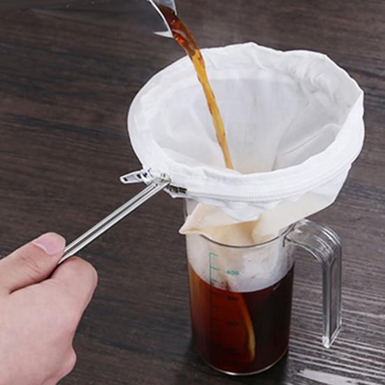 Reusable Stainless Steel Handle Cotton Cloth Strainer Coffee Tea Mesh Filter Bag