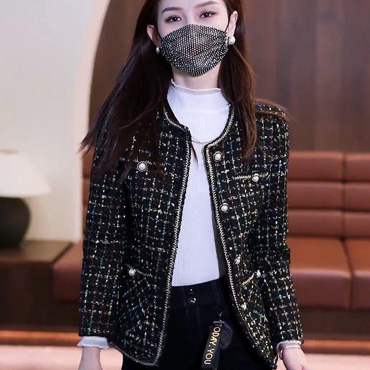 Women's Round Neck Long Sleeve Blazer Slim Fit Short Tweed Plaid Elegant Office Jacket Coat