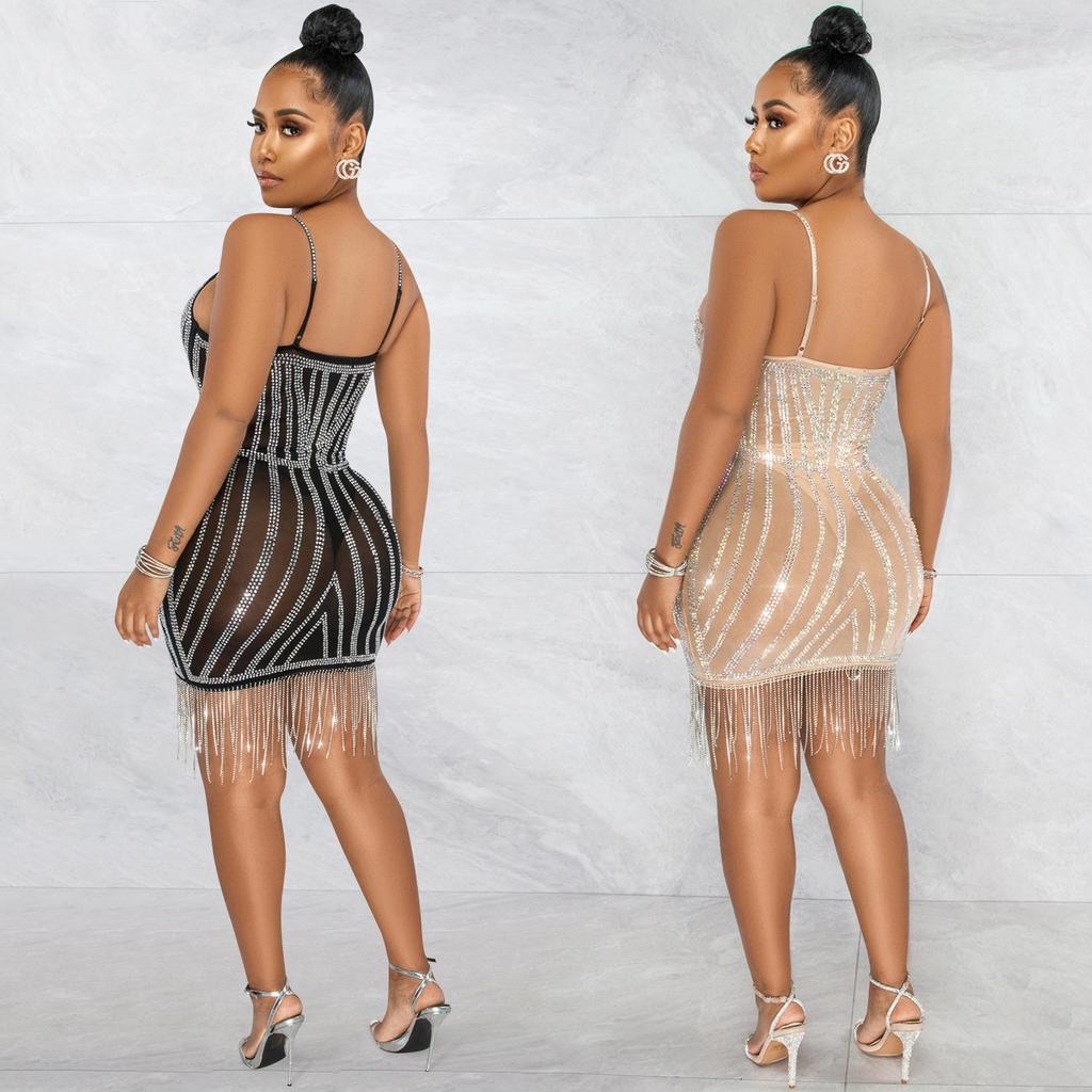 X5633 Strass-Spaghettiträger Fransen Bandagekleid - Sexy Ärmelloses Minikleid