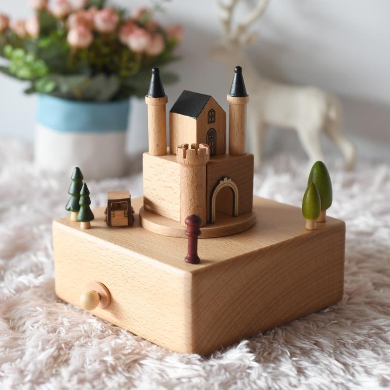 RTS Custom Logo Wooden Castle Music Boxes Tune Melody Magnetic Driven Car Rotating Feature Customizable Music Box Unique Logo