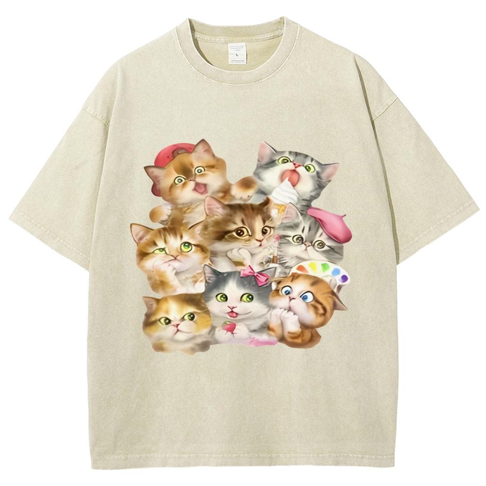 2025 Men Women Washed T Shirt Black  Anime Print T-Shirt  Summer Oversized Vintage T-Shirt Harajuku Cotton Cute kitten pattern S