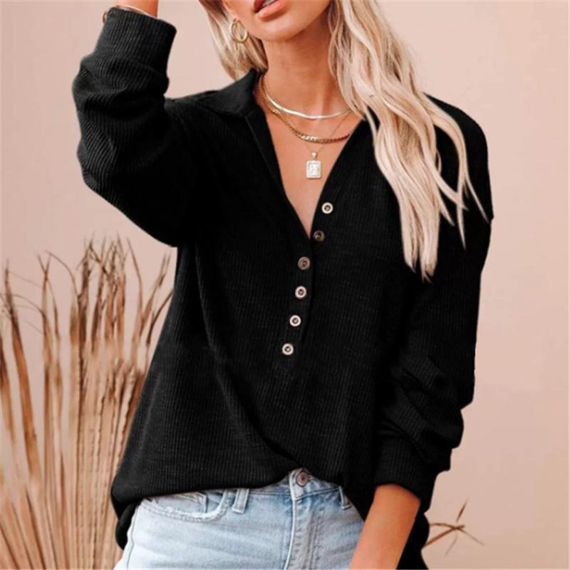 Mote T-skjorte for kvinner Høst Langermet Ensfarget V-hals Knapper Skjorter Casual Oversized Dame Topper