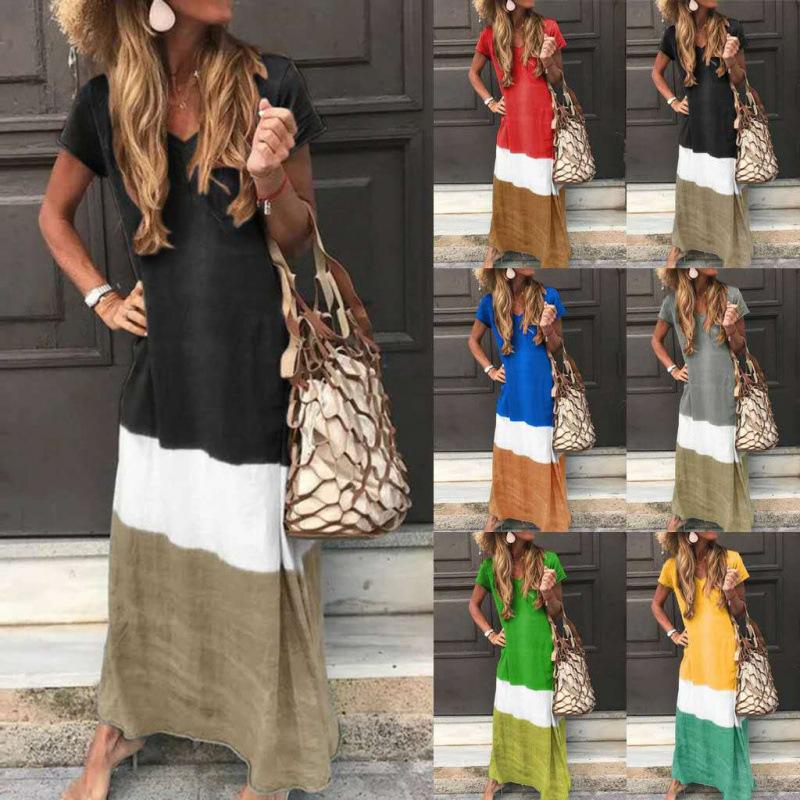 Women's V-Neck Short Sleeve Striped Maxi Dress In Multiple Colors