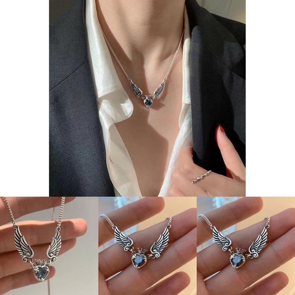Vintage Inspired Heart Crown Wings Necklace With Crystal Accents For Womens Fashion