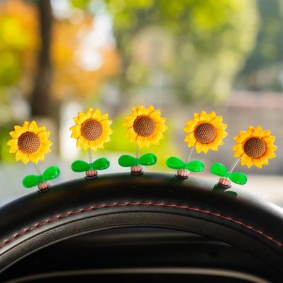 5Pcs Cartoon Car Interior Shaking Head Flower Ornament Decoration Spring Shake Head Sunflowers Decor Double-sided Tape Ornaments