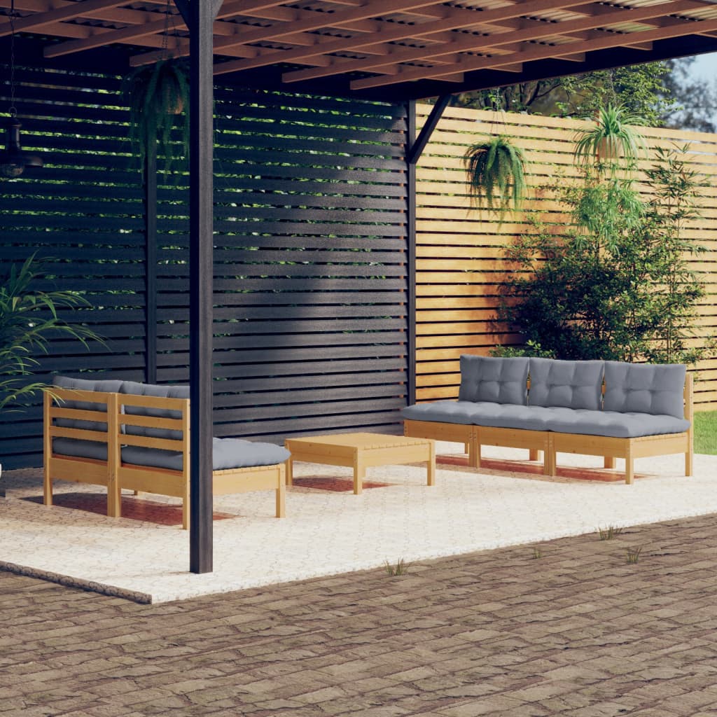 6 Piece Garden Lounge Set with Grey Cushions Pine Wood