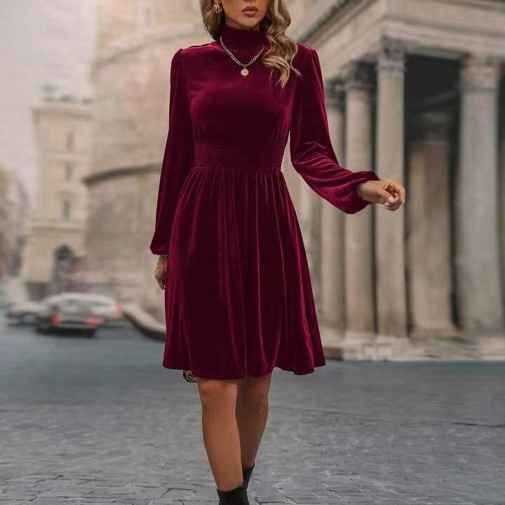 Damen Herbst Winter Mode Stehkragen Einfarbig Samt Langarm Kleid