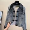 Vintage Disk Buckle Denim Coat Women Top Spring New Loose Everything Senior Sense Small Jacket Tooling Top Tide Solid Color