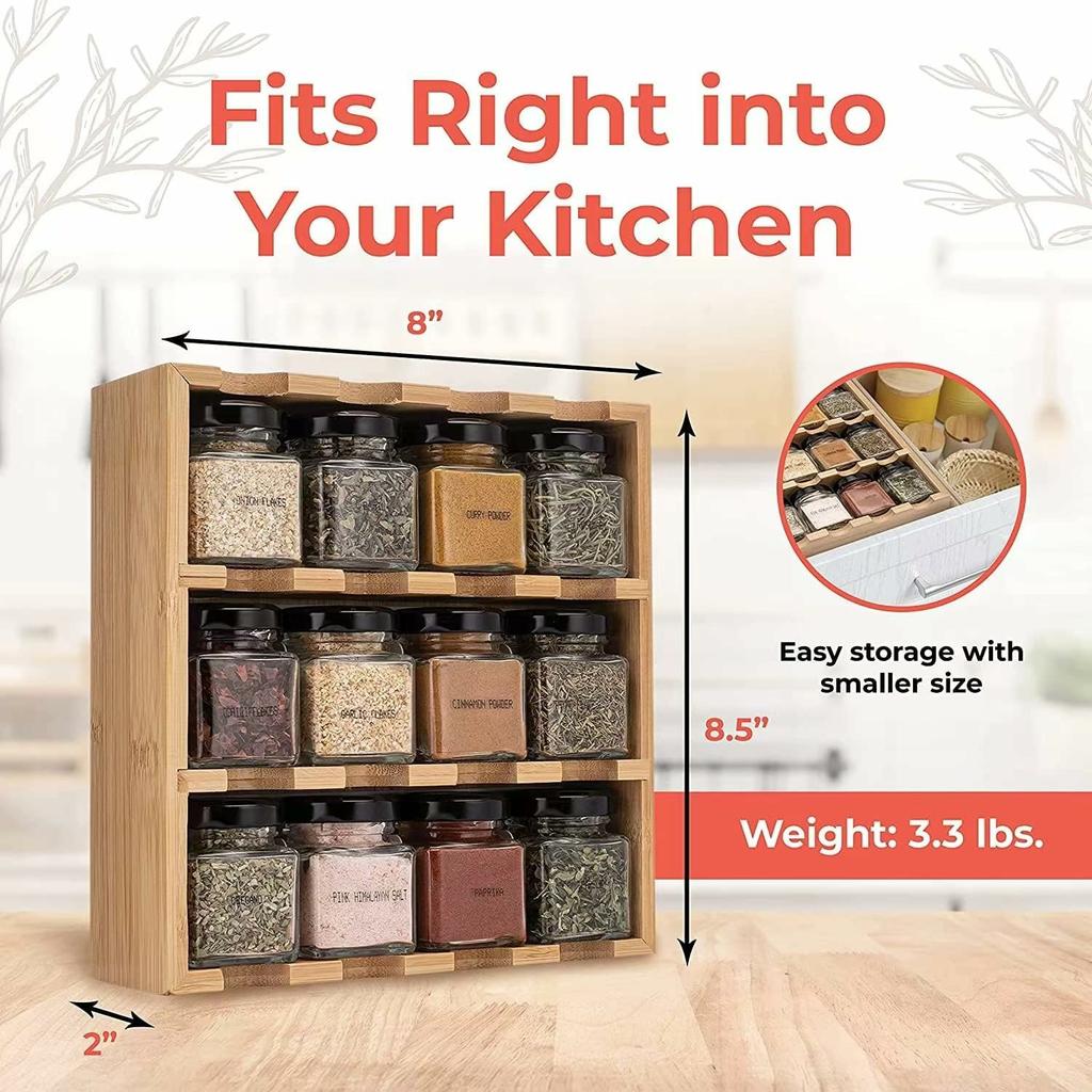 Bamboo Wood 12 Compartment Spice Rack Organizer For Kitchen Multi-Tier Storage Shelf With Jars