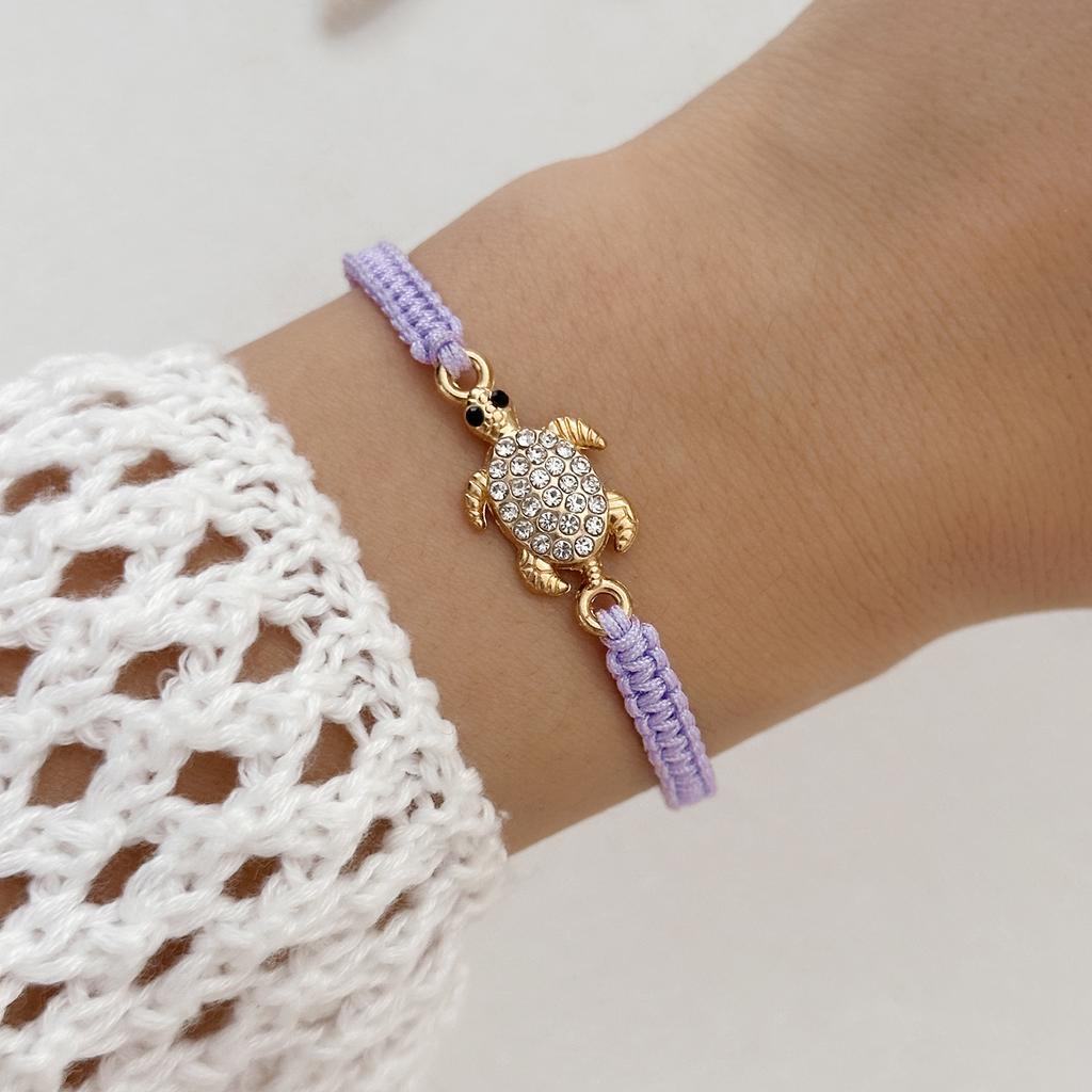 Handmade Rhinestone Inlay Braided Rope Bracelet for Women Boho Metal Turtle Charm Woven Chain Summer Party Jewelry Fashion Gift