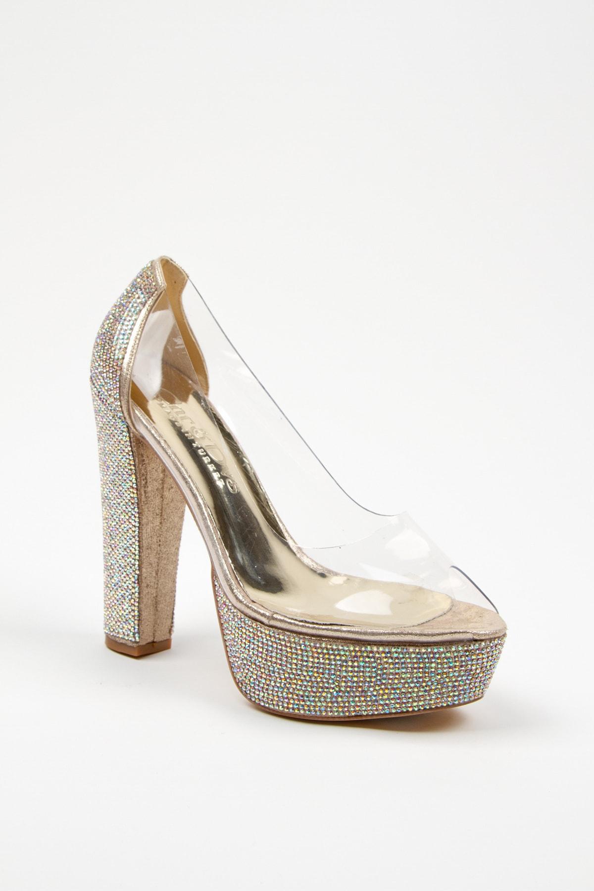 

Жіночі модні золотисті прозорі вечірні туфлі на платформі з поліетиленовим камінням і підборами для вечірки 35